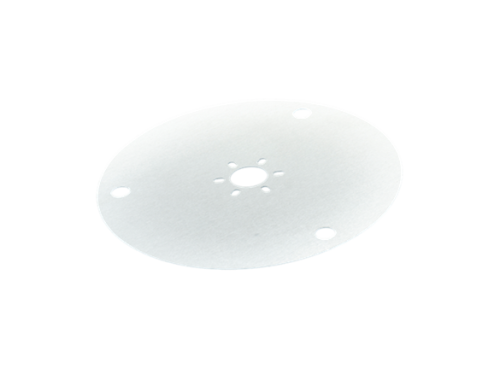 Osłona tarczy tnącej Automower 310/315/315X Husqvarna, okrągła, metalowa, w kolorze srebrnym, z centralnym otworem i trzema widocznymi otworami montażowymi, leżąca na płaskim tle.