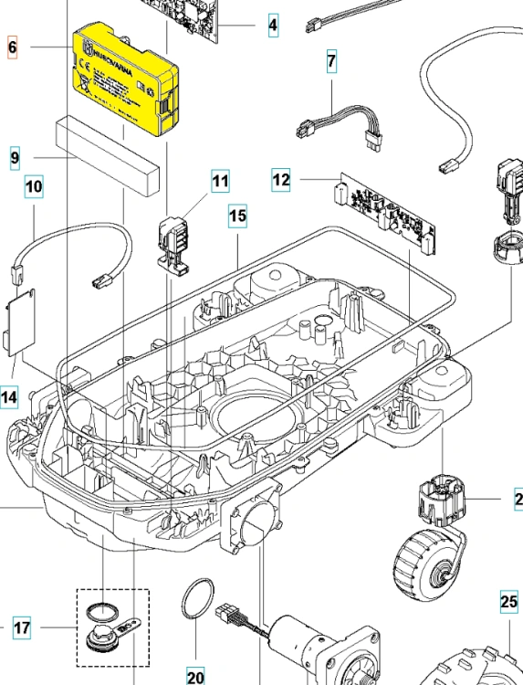 Akumulator Husqvarna Automower 405X/415X/310E w kolorze żółtym, z widocznymi napisami i logo. Ujęcie z góry, akumulator leży na płycie montażowej. Obok elementy elektroniczne oraz kable. Tło białe, co podkreśla detale produktu.