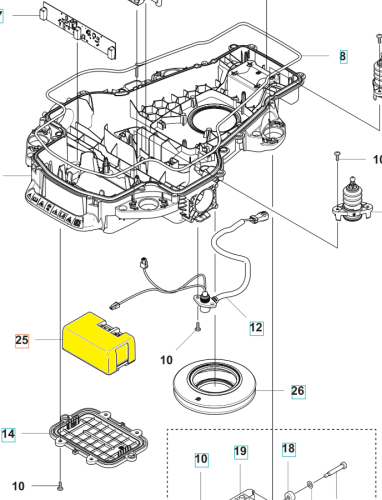 Żółty, prostokątny akumulator Automower 430X Nera Husqvarna w poziomie, z widoczną obudową i miejscami na złącza, na białym tle. Przeznaczony do zasilania automatycznych kosiarek.