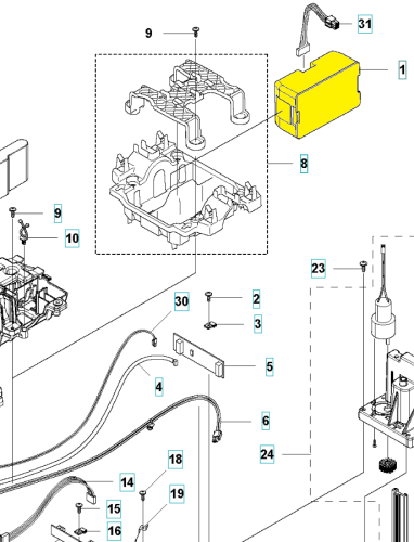 Żółty akumulator Husqvarna Automower 430X/440/450X, prostokątny z widocznymi złączami i gniazdem, na białym tle. W zestawie elementy montażowe i przewody, gotowy do użycia w robotach koszących.