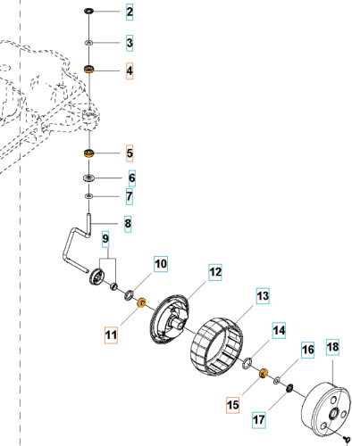 Łożysko kulkowe do Automower 310/315/315X Husqvarna, widoczne z boku. Elementy okrągłe, metalowe z oznaczeniem numerycznym, podzielone na poszczególne detale. Wyraźne, czytelne napisy na częściach. Proste, jasne tło ułatwia identyfikację.