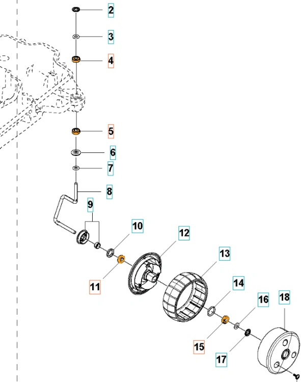 Łożysko kulkowe do Automower 310/315/315X Husqvarna, widoczne z boku. Elementy okrągłe, metalowe z oznaczeniem numerycznym, podzielone na poszczególne detale. Wyraźne, czytelne napisy na częściach. Proste, jasne tło ułatwia identyfikację.