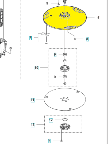 Żółta tarcza tnąca do modelu Automower 320 Nera/430X Nera/450X Nera Husqvarna, widoczna w perspektywie z góry. Prezentuje okrągły kształt z centralnym otworem i mocowaniami. Dodatkowe elementy montażowe widoczne w ilustracji, otoczenie białe.