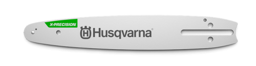 Prowadnica X-Precision Husqvarna 1/4 o długości 60DL, w kolorze metalicznym, z wyraźnym logo Husqvarna i zielonym napisem X-PRECISION. Ujęcie frontalne, produkt leżący na czarnym tle, z widocznymi otworami mocującymi.