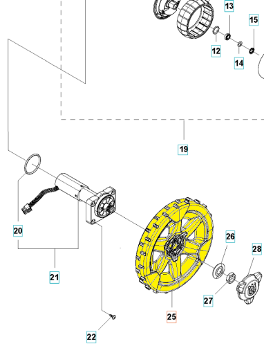 Żółte tylne koło kosiarki Automower 420/440/520/550 Husqvarna z centralnym mocowaniem, widok frontalny na płaskiej powierzchni. Widać detale mechaniczne i montażowe na jednolitym tle.