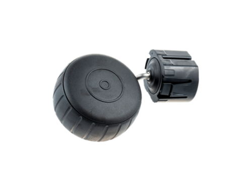 Koło przednie kosiarki Automower 305/405X/415X Husqvarna, czarne, okrągłe, z bieżnikiem. Ujęcie z boku, pokazujące detale mocowania. Produkt leżący na jednolitym tle, brak widocznych oznaczeń.