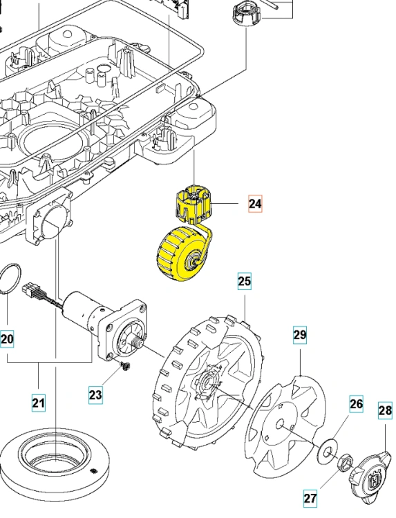 Przednie żółte koło kosiarki Husqvarna Automower 305/405X/415X, z wyprofilowanymi wcięciami i logo, widok boczny na tle konstrukcji, podkreślające kształt i mocowania.