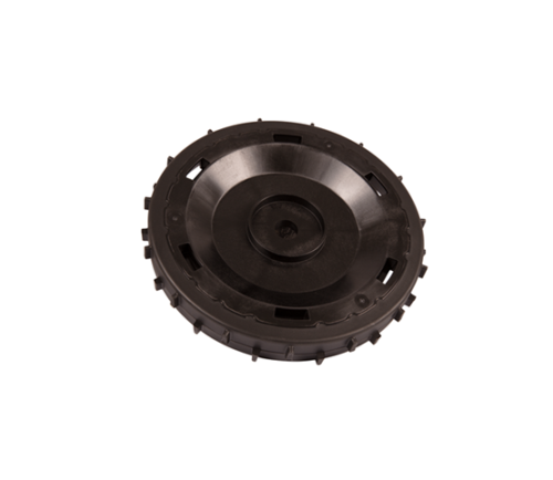 Koło tylne kosiarki Automower Aspire R4 Husqvarna, w kolorze czarnym, o okrągłym kształcie. Widoczne wycięcia i wypustki na krawędzi. Produkt leży na płaskiej powierzchni, z widokiem z góry, ukazując gładką, matową powierzchnię.