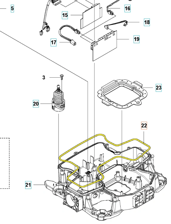 Czarny, elastyczny pas uszczelniający do przodu podwozia robota koszącego 435X/535 AWD Automower, z okrągłym kształtem, mocowaniami, na białym tle w zbliżeniu.