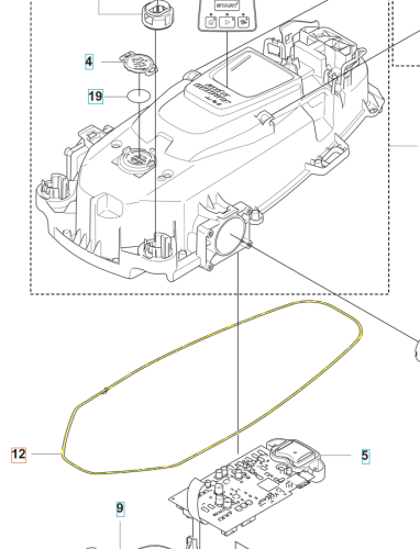 Żółty pas uszczelniający podwozia robota koszącego Automower Aspire R4 Husqvarna, na białym tle z widocznym zarysem podzespołów elektronicznych.