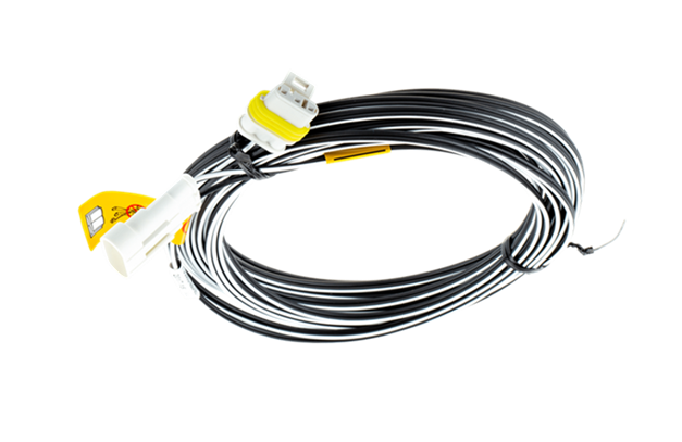 Przewód niskiego napięcia o długości 10 m, czarno-żółty, z konektorami. Ułożony w pętlę, pokazany z góry. Złącza zapewniają łatwe podłączenie do stacji ładującej Husqvarna Automower. Tło białe, co podkreśla szczegóły produktu.