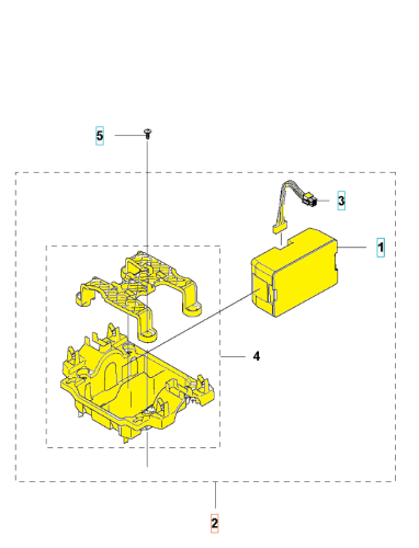 Akumulator do modelu Automower 420/520 Husqvarna w kolorze żółtym, prostokątny, z widocznymi zwężeniami po bokach. Obok akumulatora element montażowy, również w kolorze żółtym, z wypustkami. Tło białe, co podkreśla szczegóły produktu.