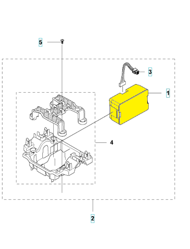 Akumulator Automower 320/420/520 Husqvarna w kolorze żółtym, prostokątny kształt. Widoczny z boku, z przewodem łączącym. W zestawie element mocujący, z widocznymi detalami konstrukcyjnymi. Tło puste, co podkreśla produkt.