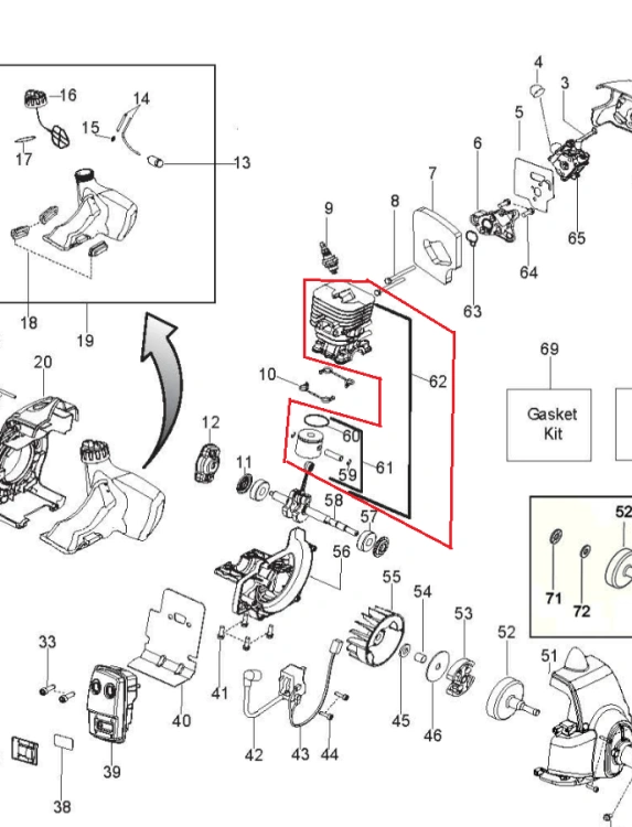 Schemat przedstawia zestaw komponentów do wykaszarki Husqvarna 128R oraz podkaszarki 128L. Widoczne są detale silnika, w tym tłok i cylinder. Elementy są uporządkowane na białym tle, co ułatwia identyfikację poszczególnych części.
