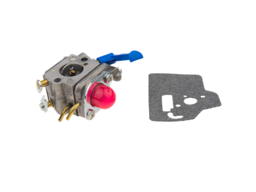 Gaźnik wykaszarki Husqvarna 128R z czerwoną kulką i niebieskim zaworem. Element metalowy z przyłączeniami, obok guma uszczelniająca. Ujęcie frontalne, ukazujące detale konstrukcji. Produkt na prostym tle.