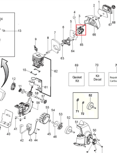 Gaźnik wykaszarki Husqvarna 128R/128L w układzie frontalnym. Część ma metalową obudowę z widocznymi otworami wlotowymi i wyjściowymi. Logo Husqvarna jest umieszczone na elemencie. Widoczny detal mocowania do silnika. Proste, jasne tło.