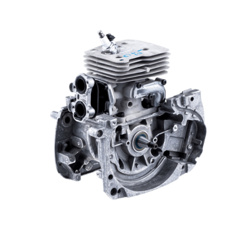 Blok silnika wykaszarki Husqvarna 345FR/545FX/545RX widziany z boku, srebrny aluminiowy z detalami: cylindry, otwory montażowe i elementy wlotu powietrza. Kompaktowy i solidny, idealny do renomowanych modeli.