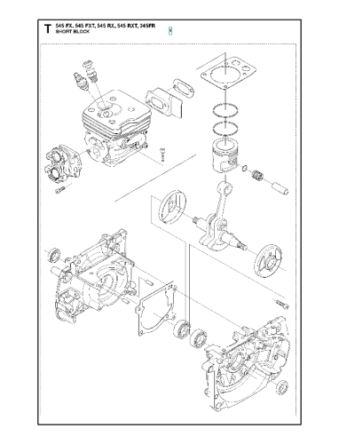 Schemat krótkiego bloku silnika wykaszarek Husqvarna 345FR, 545FX, 545RX, 545FXT z cylindrem, korbowodem, głowicą, osłonami i mocowaniami, widoczny z boku na białym tle.
