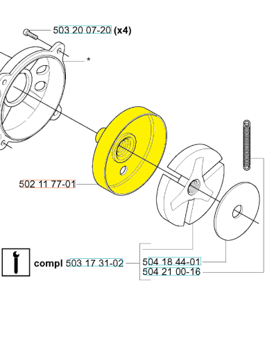 Żółty bęben sprzęgła do wykaszarek Husqvarna 240R/245R/245RX, okrągły z gwintem w środku. Widok boczny, z otworami montażowymi i elementami mocującymi. W zestawie inne współpracujące części.