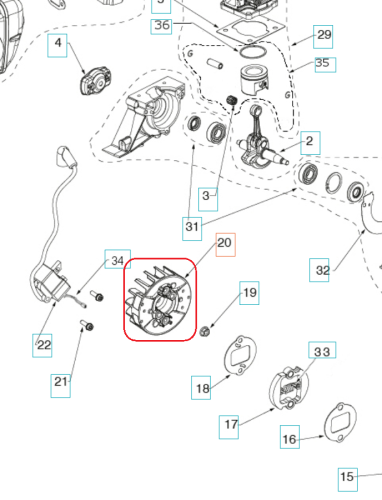 Koło zamachowe wykaszarki Husqvarna 129R/325R, wykonane z metalu, z wyraźnie widocznymi żebrami chłodzącymi. Ujęcie z przodu, prezentujące centralną oś z otworami mocującymi. Produkt w kontekście schematu eksplodowanego, na białym tle.