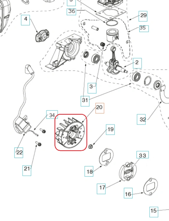 Koło zamachowe wykaszarki Husqvarna 129R/325R, wykonane z metalu, z wyraźnie widocznymi żebrami chłodzącymi. Ujęcie z przodu, prezentujące centralną oś z otworami mocującymi. Produkt w kontekście schematu eksplodowanego, na białym tle.