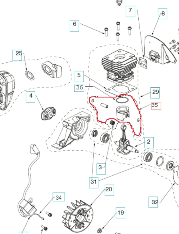 Tłok do wykaszarki Husqvarna 129R/325R i podkaszarki 129L, metalowy, okrągły, z gładką powierzchnią. Widoczny z boku, w kontekście części silnika. Oznaczenia na tłoku są czytelne. Całość na prostym tle, co ułatwia identyfikację.