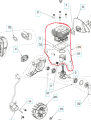 Cylinder do wykaszarki Husqvarna 129R/325R i podkaszarki 129L. Widoczny bok z metalową teksturą, stożkowymi kształtami, oznaczeniami oraz detalami montażowymi i otworami, przeznaczony do sprzętu ogrodowego.