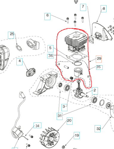 Cylinder do wykaszarki Husqvarna 129R/325R i podkaszarki 129L. Widoczny bok z metalową teksturą, stożkowymi kształtami, oznaczeniami oraz detalami montażowymi i otworami, przeznaczony do sprzętu ogrodowego.