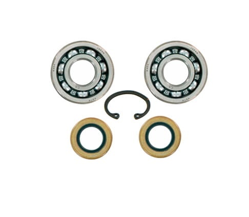 Zestaw uszczelniaczy do wykaszarek 129R i 325R, zawiera 2 łożyska kulkowe i 4 uszczelki w czarnym i naturalnym kolorze, ułożone na białym tle w prostokąt. Widoczne detale łożysk i uszczelek.