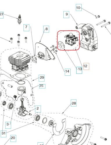 Gaźnik wykaszarki Husqvarna 129R/325R na schemacie, prostokątny z gwintem i przyciskiem na górze, z oznaczeniami w otworach montażowych, na białym tle podkreślającym detale.