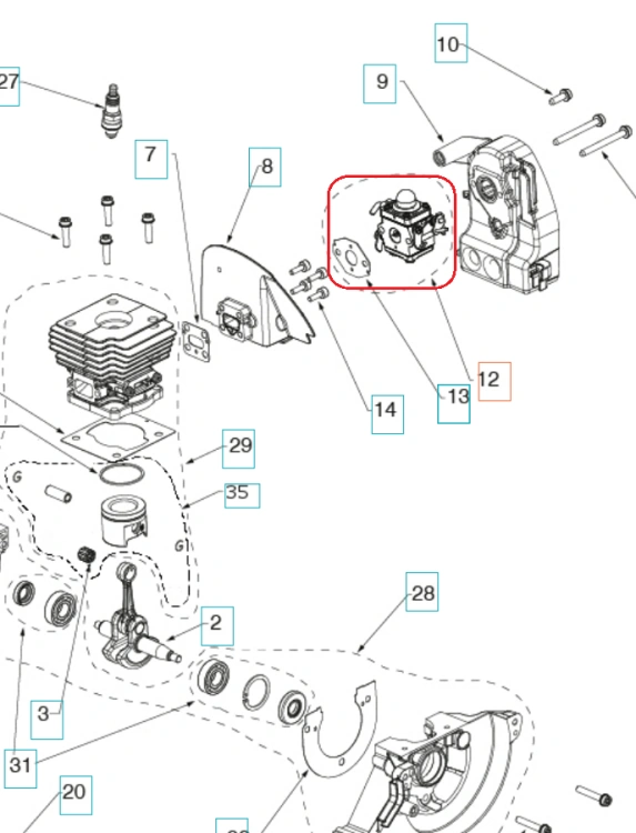 Gaźnik wykaszarki Husqvarna 129R/325R na schemacie, prostokątny z gwintem i przyciskiem na górze, z oznaczeniami w otworach montażowych, na białym tle podkreślającym detale.