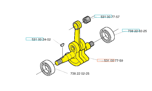 Wał korbowy do wykaszarek Husqvarna 142R/143R/153R, żółty metalowy element z gwintami i osłonami na końcach, widok z boku na tle, bez akcesoriów.