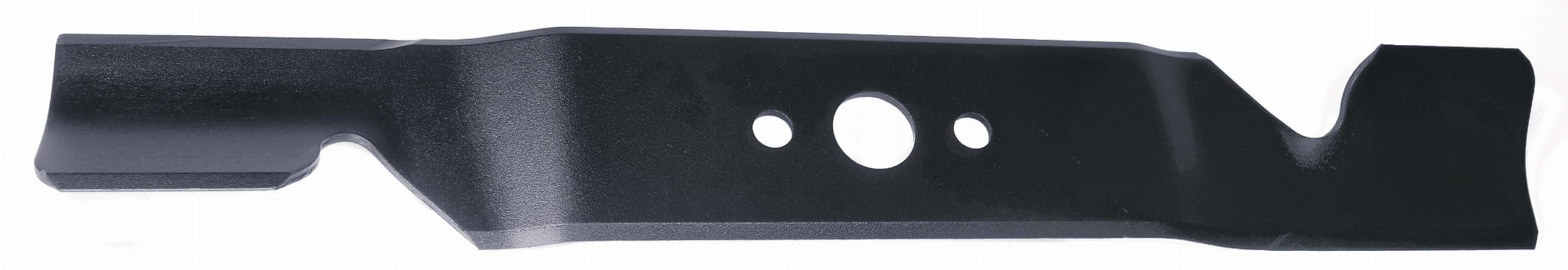 Nóż do kosiarki elektrycznej GARDENA basicMove 34E, czarny, wykonany z metalu. Frontalny kąt ujęcia, produkt leżący na jednolitym tle. Widzoczne otwory montażowe. Prosty i aerodynamiczny kształt, brak dodatkowych zdobień.