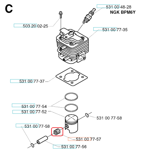 Łożysko igiełkowe do wykaszarek Husqvarna 142R/143R/153R. Zbliżenie na metalowy element o cylindrycznym kształcie z widocznymi rowkami. Na białym tle, dobrze widoczny detal, bez dodatkowych akcesoriów. Wymiary nieokreślone.