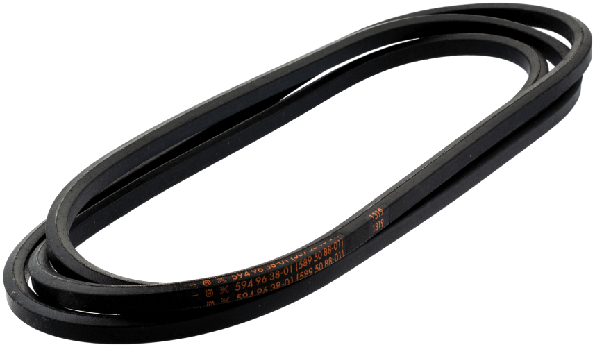 Pasek napędu noży Husqvarna R420TsX AWD w kolorze czarnym, o gładkiej fakturze i prostokątnym przekroju. Ułożony w złożoną formę, widoczny z boku, z oznaczeniami w postaci białej i pomarańczowej tekstylii na jego powierzchni.