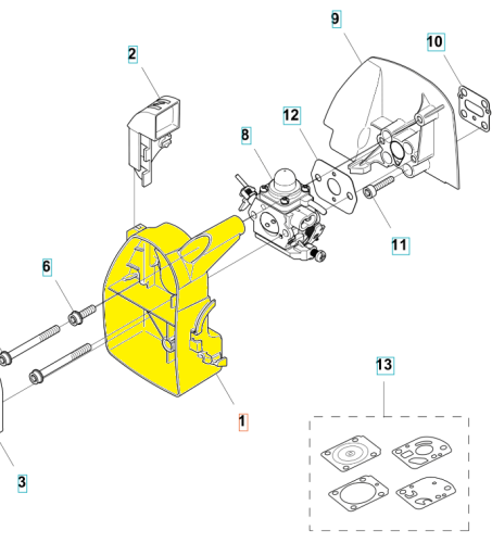 Żółta obsada filtra do wykaszarki Husqvarna 122R/122C, widoczna z boku wraz z elementami mocującymi, wlotami oraz zestawem uszczelek i dodatkami montażowymi na górze.