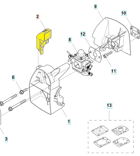 Dźwignia ssania do wykaszarki Husqvarna 122R/129R oraz podkaszarki 129L. Element w kolorze żółtym, widoczny z przodu, z precyzyjnymi oznaczeniami. Ułożony w pozycji montażowej, części silnika w tle, na białym tle dla lepszej widoczności.