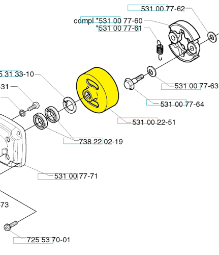 Żółty bęben sprzęgła wykaszarki Husqvarna 142R/143R/153R, okrągły z centralnym otworem. Widoczny mechanizm z tłokami i elementami montażowymi. Ujęcie z góry, szczegóły i kompatybilność z numerami części. Brak tła.