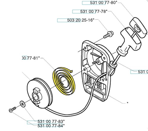 Sprężyna rozrusznika do wykaszarek Husqvarna 142R/143R/153R, przedstawiona z boku. Elementy w żółtym kolorze, widoczna gumowa rączka oraz karbowana linia. Całość na jasnym tle, ukazująca detale mocowań oraz mechanizm wewnętrzny.