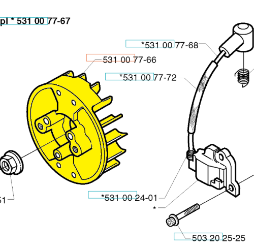 Żółte koło zamachowe wykaszarki Husqvarna 142R/143R/153R z żeberkami i otworami montażowymi na białym tle, obok śruba i przewód elektryczny, ujęcie izometryczne.
