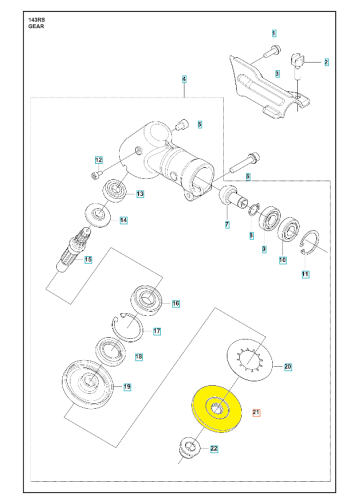 Żółta, okrągła tarcza pędna do wykaszarek Husqvarna 143RS/236RS/543RS z wycięciami, widoczna z góry na białym tle z detalami mocowania, przeznaczona do urządzeń ogrodowych.