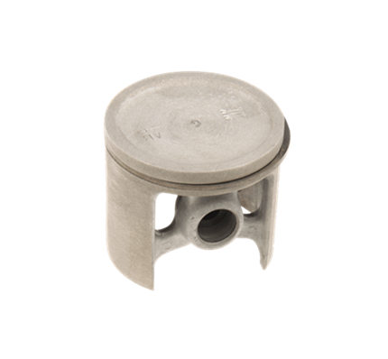 Tłok wykaszarki Husqvarna 250R/250RX w kolorze szarym, wykonany z metalu, o cylindrycznym kształcie z wycięciami. Widoczny górny detal z oznaczeniami. Produkt prezentowany frontalnie na jednolitym tle. Idealny do naprawy i konserwacji wykaszarek.
