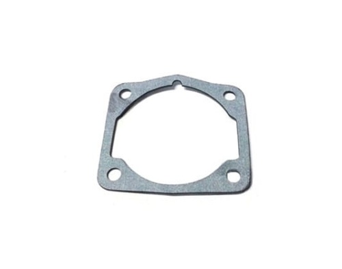 Uszczelka cylindra wykaszarki 250R/250RX Husqvarna, metaliczna, kwadratowa z zaokrąglonym wnętrzem, cztery otwory montażowe, gładka, odporna na wysokie temperatury, na białym tle.
