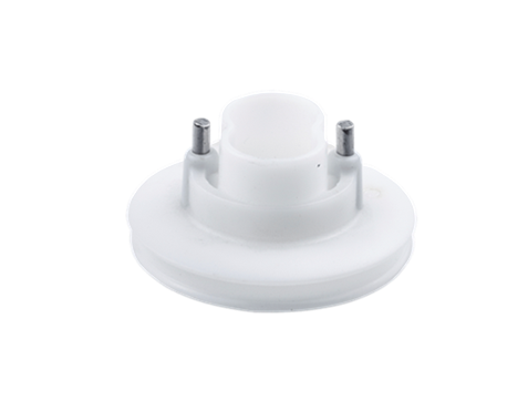 Koło linowe wykaszarki Husqvarna 250R/252RX w kolorze białym, wykonane z tworzywa sztucznego, z dwoma metalowymi pinami. Produkt przedstawiony z boku, na prostym tle, leżący, z wyraźnymi detalami konstrukcyjnymi.