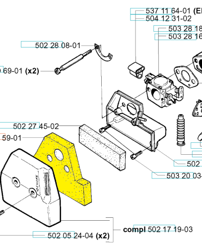 Zbliżenie na żółty element z logo CHOKE, dwa otwory montażowe i przewody silnika wykaszarki Husqvarna 250R/252RX na białym tle, podkreślające detale.