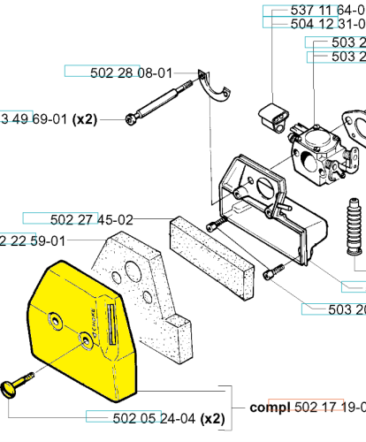 Żółta pokrywa filtra wykaszarki Husqvarna 250R/252RX, prostokątna z logo CHOKE, widok z przodu ze szczeliną i śrubowym mocowaniem po lewej, na neutralnym tle.