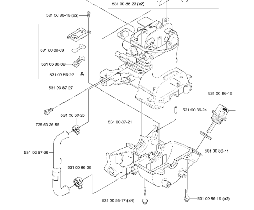 Skrzynia korbowa wykaszarki Husqvarna 324RX, 524R - widok boczny z mocowaniami i detalami, oznaczenia części, metalowa tekstura, rozmieszczenie elementów z przestrzenią roboczą.