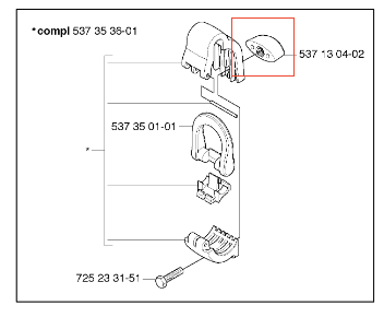 Pokrętło wykaszarki Husqvarna 324RX, 325RX w kolorze czarnym, z detalami metalowymi. Widok z góry, ukazuje strukturę oraz miejsce mocowania. Produkt rozłożony na schemacie, prezentując elementy montażowe i numery części.