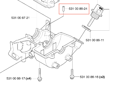 Kołek sprężyny 531 00 86-24, metalowy element do mocowania w systemie mechanicznym, widoczny na schemacie części wykaszarki Husqvarna, w otoczeniu innych komponentów i złącza.