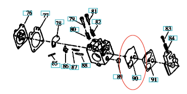 Schemat pompy membranowej paliwa do wykaszarek Husqvarna 225L/232L z centralnym, czerwonym detalem z otworami montażowymi i zestawem śrub oraz uszczelek w tle.